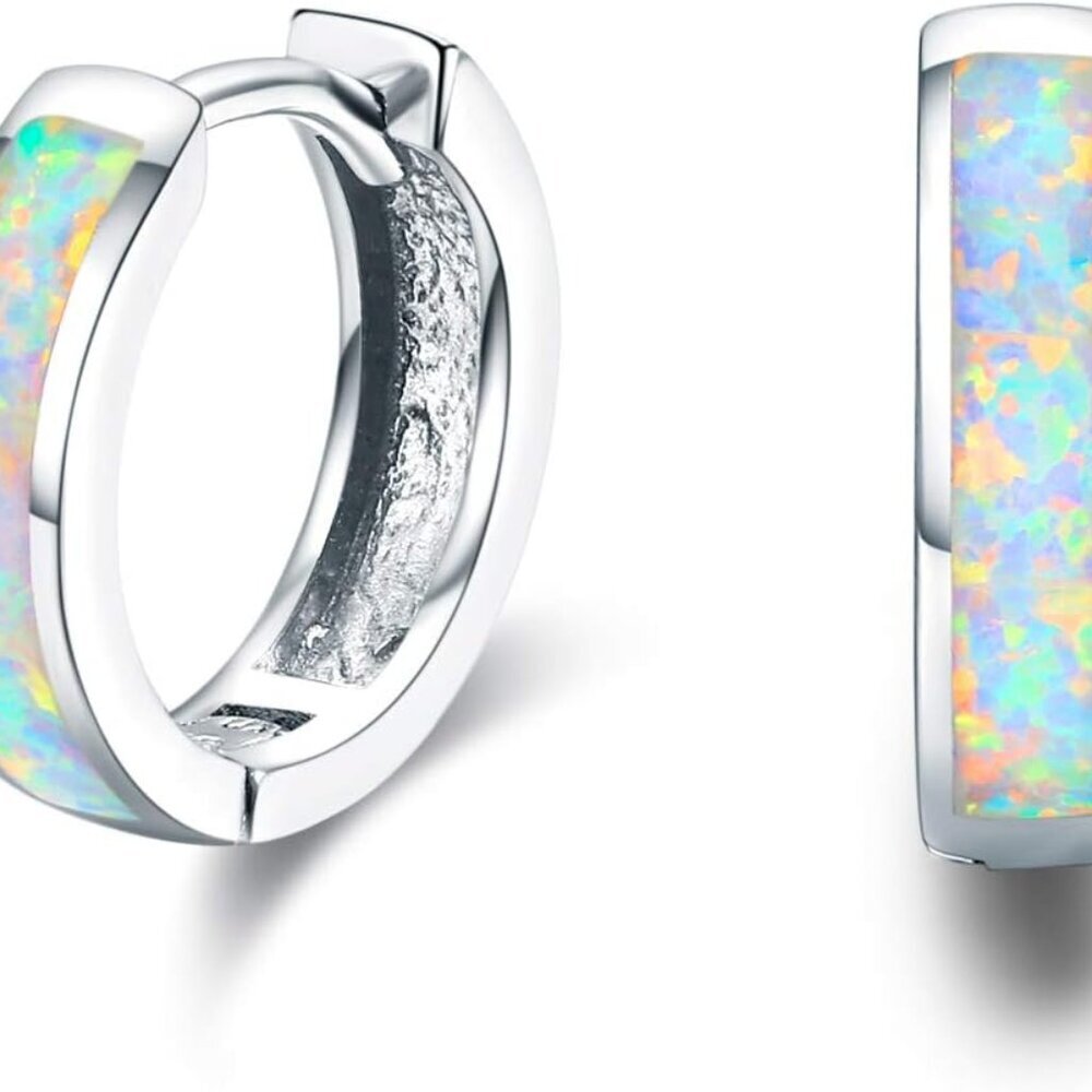 Sterling Silver Hoop Earrings Hypoallergenic 14mm Opal Huggie Jewelry Gift
